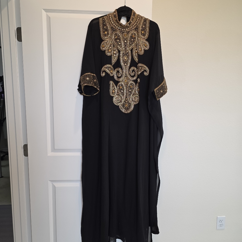 Black Kaftan with Gold Hand Embroidery and Beaded Details